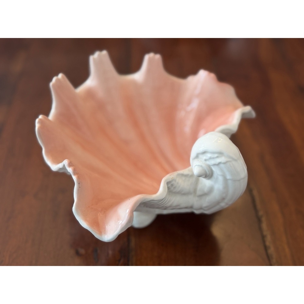 Vintage Fitz and Floyd Coquille Shell Bowl Pink White Footed Large 8" MCM